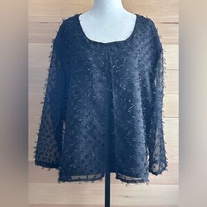 Lindor petite black sheer long-sleeve blouse with a fringe semi-sheer
